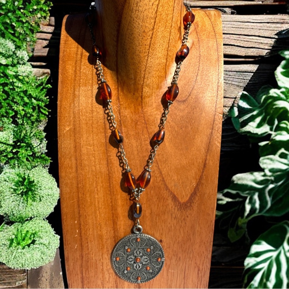 Vintage Gothic Boho Amber Medallion Necklace
